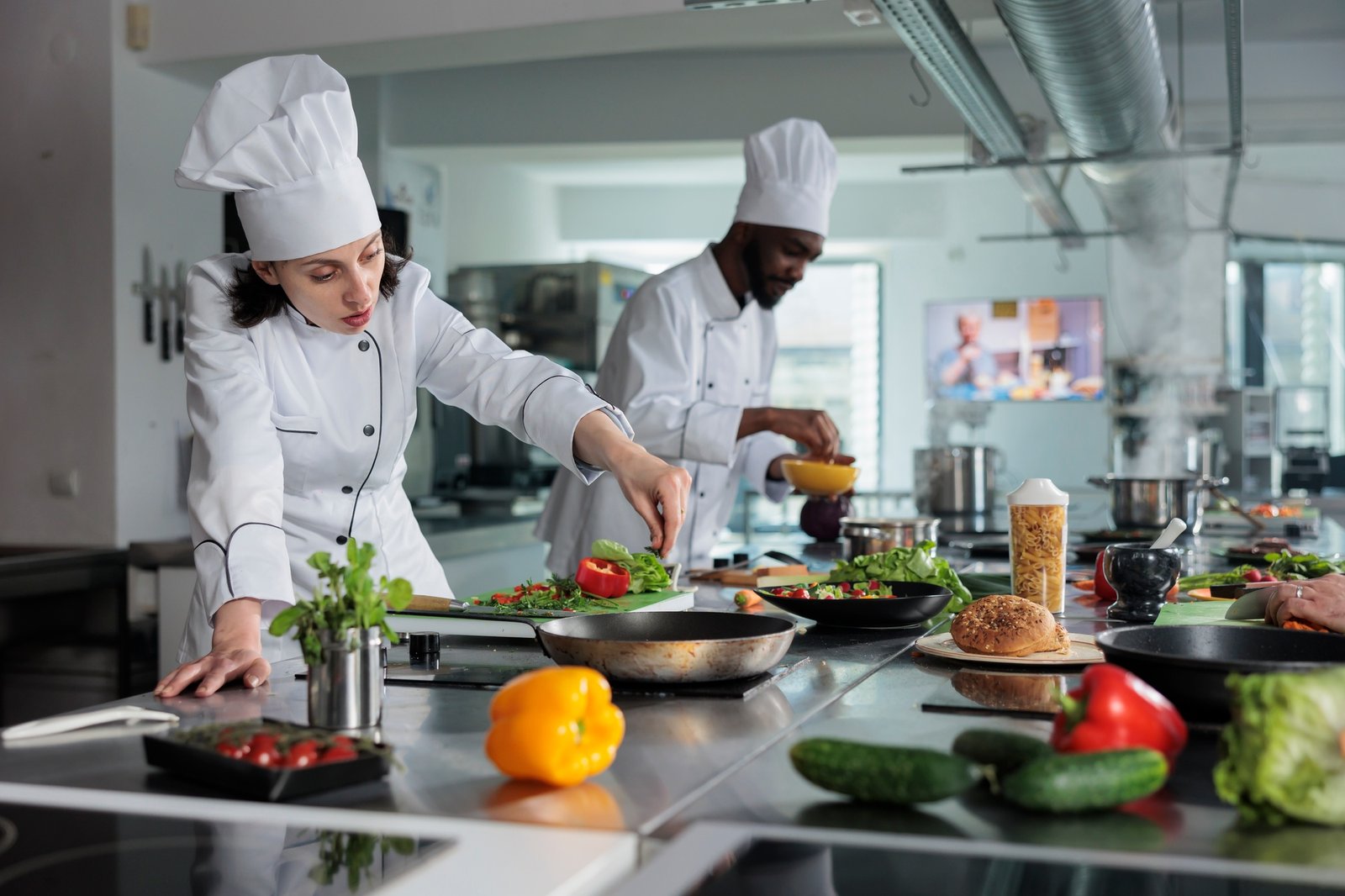 Head chef cooking food for dinner service while adding ingredients to meal.