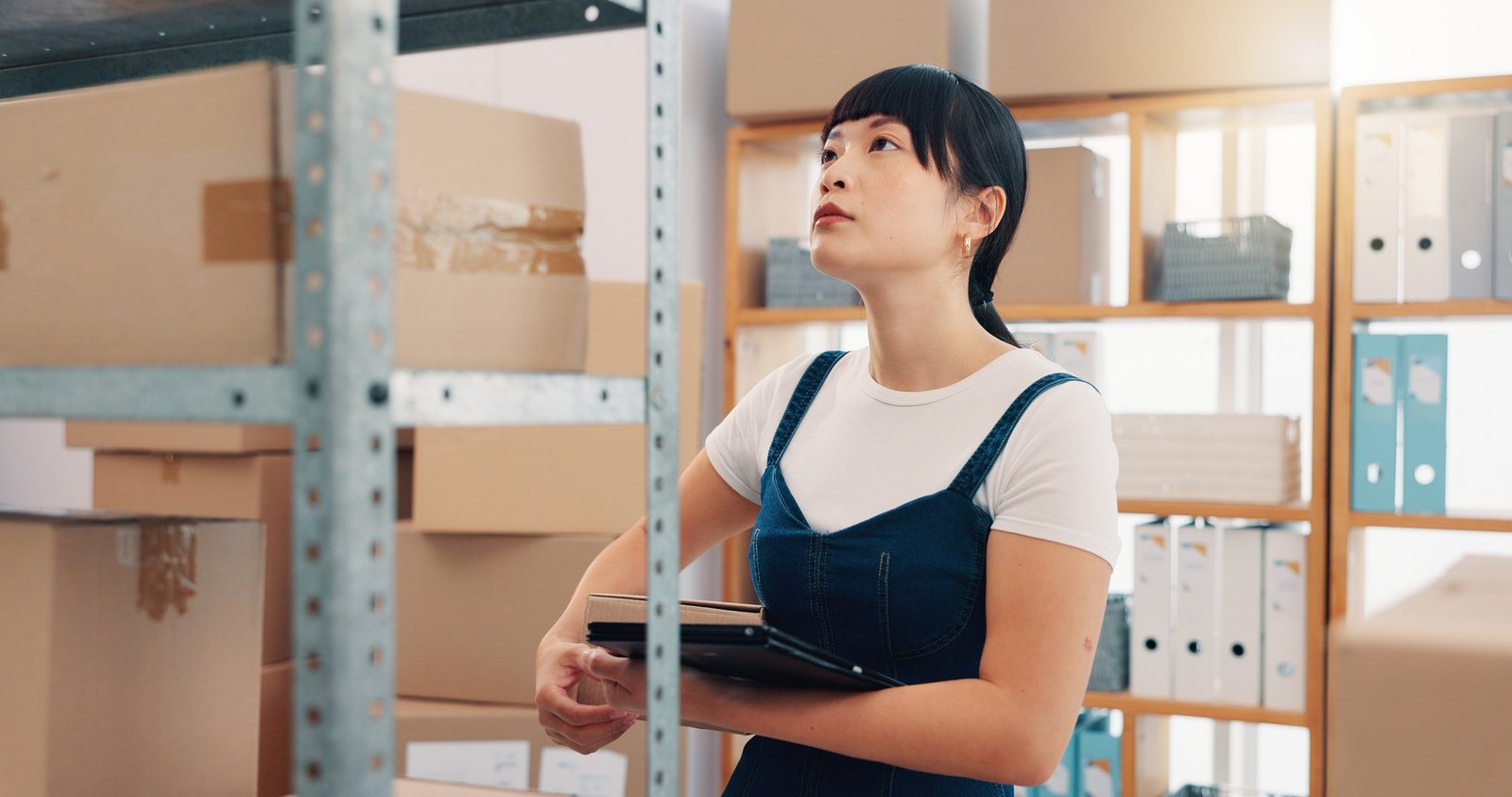 Tablet, inventory and search with asian woman in warehouse for logistics route, tracking code and c