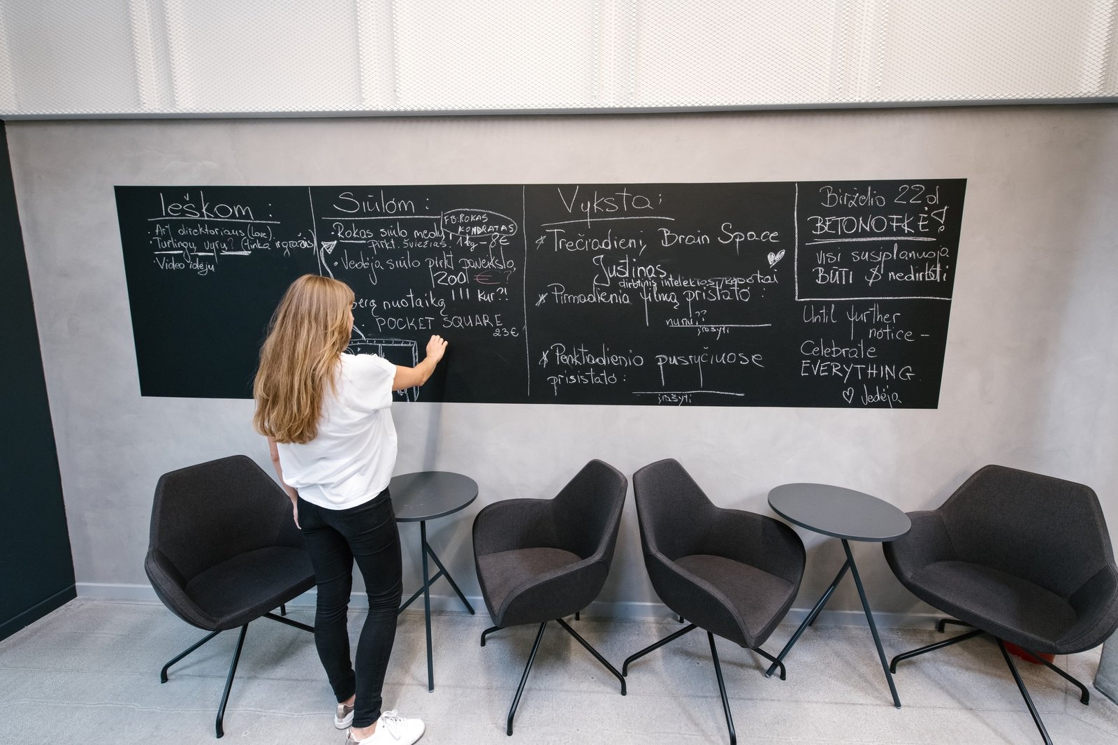 Woman writing on board in office